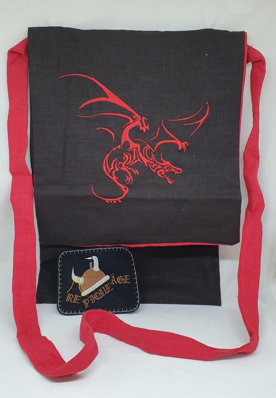 Petite besace lin broderie dragon