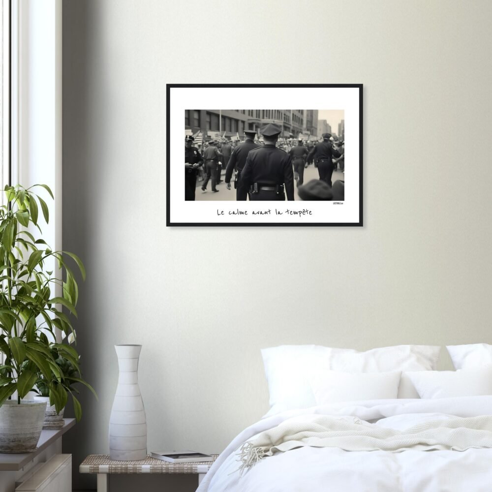 Poster encadré policier noir et blanc vintage "Le calme avant la tempête" (n°2/3) dans chambre